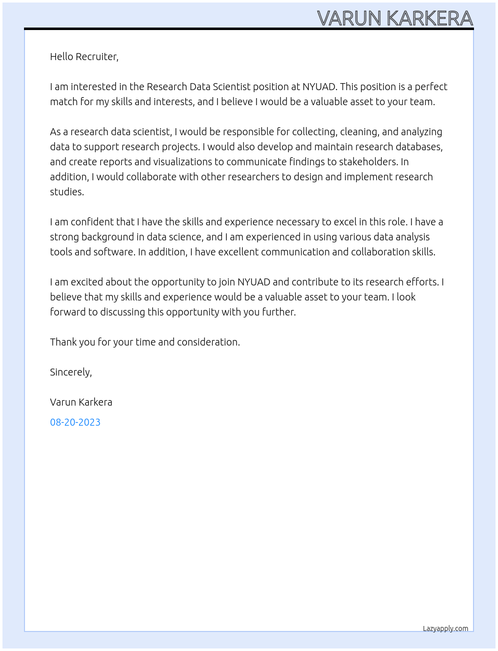 Research Data Scientist At NYUAD Cover Letter