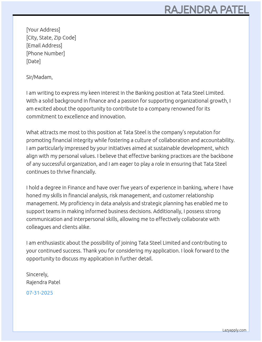 Banking At Tata Steel limited Cover Letter