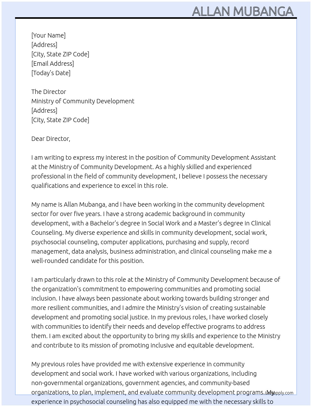 Community Development Assistant At Ministry of Community Development Cover Letter