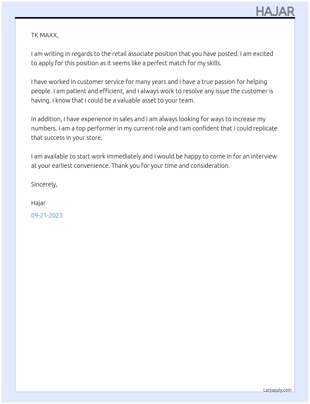 retail associate At TKMaxx Cover Letter