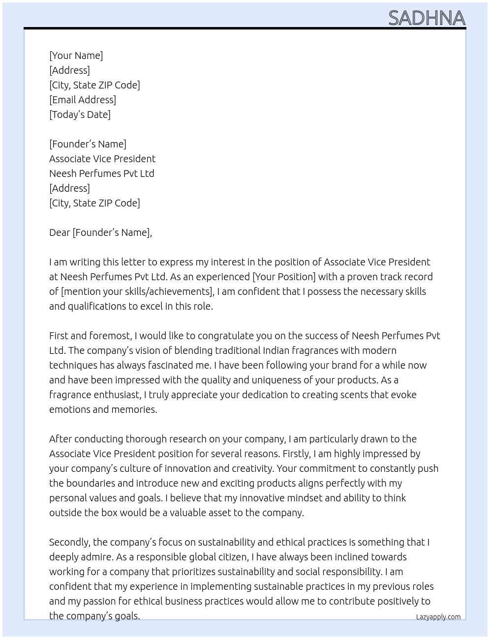 Associate Vice President At Neesh Perfumes Pvt Ltd Cover Letter