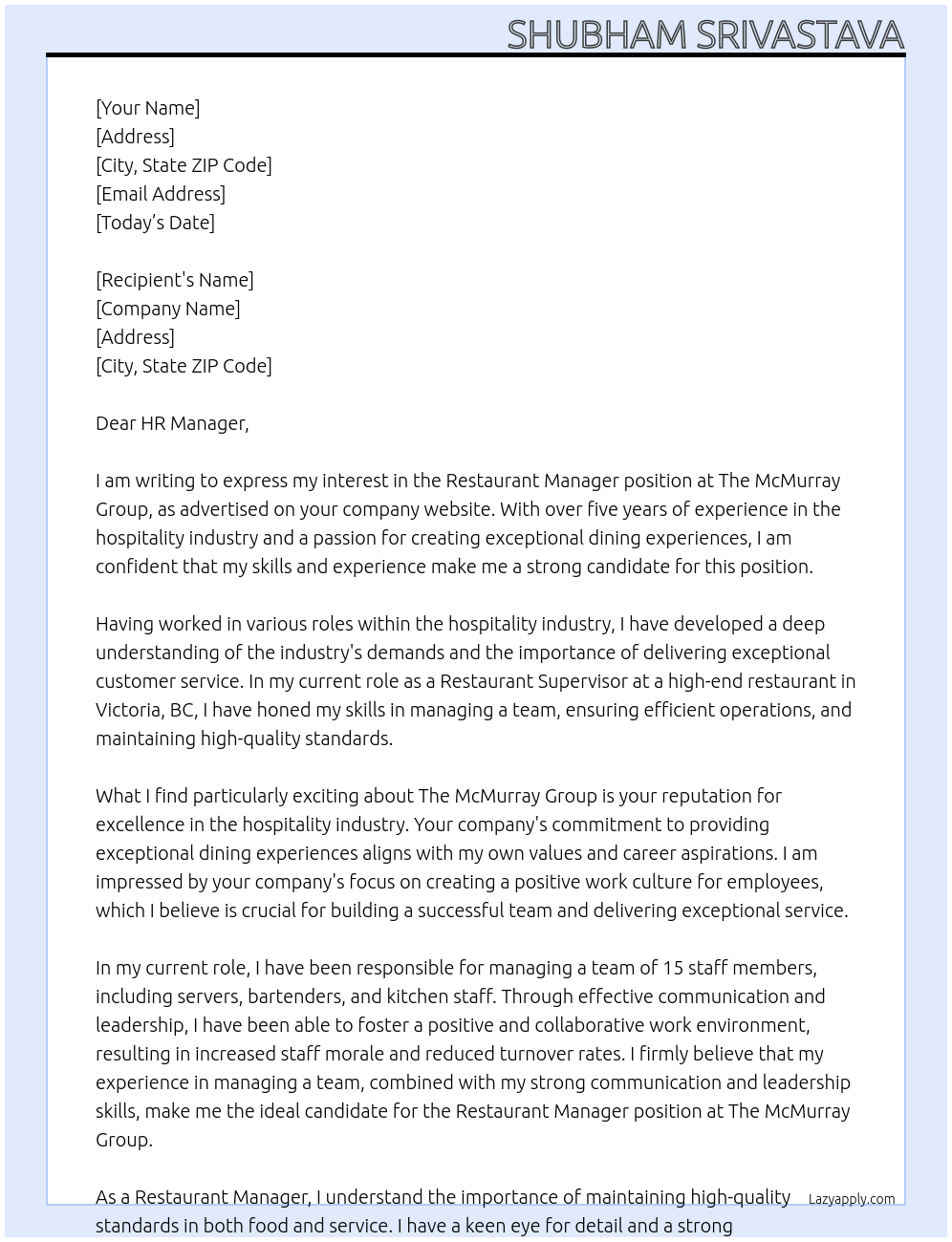 Restaurant manager At The McMurray Group Cover Letter