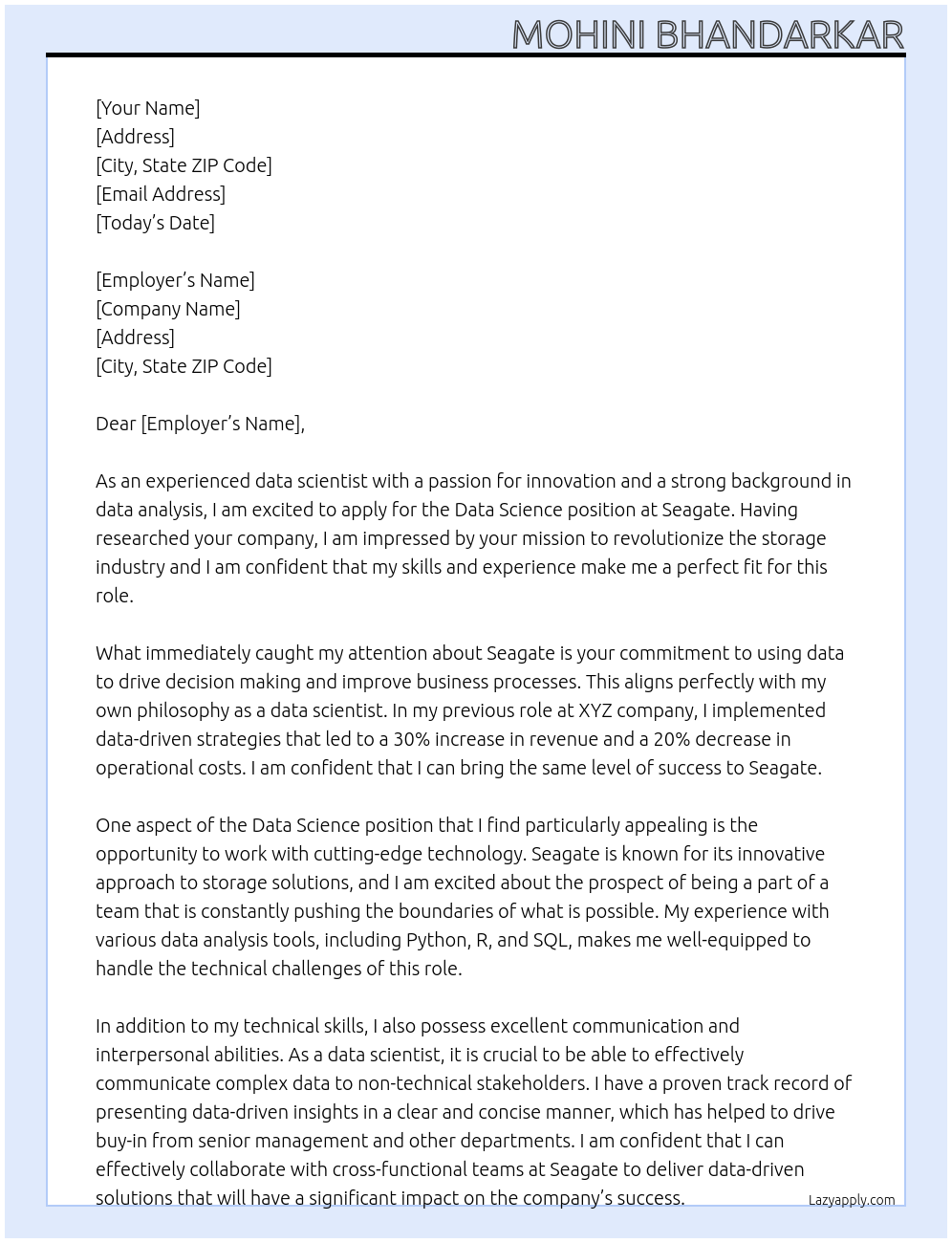 Data Science At seagate Cover Letter