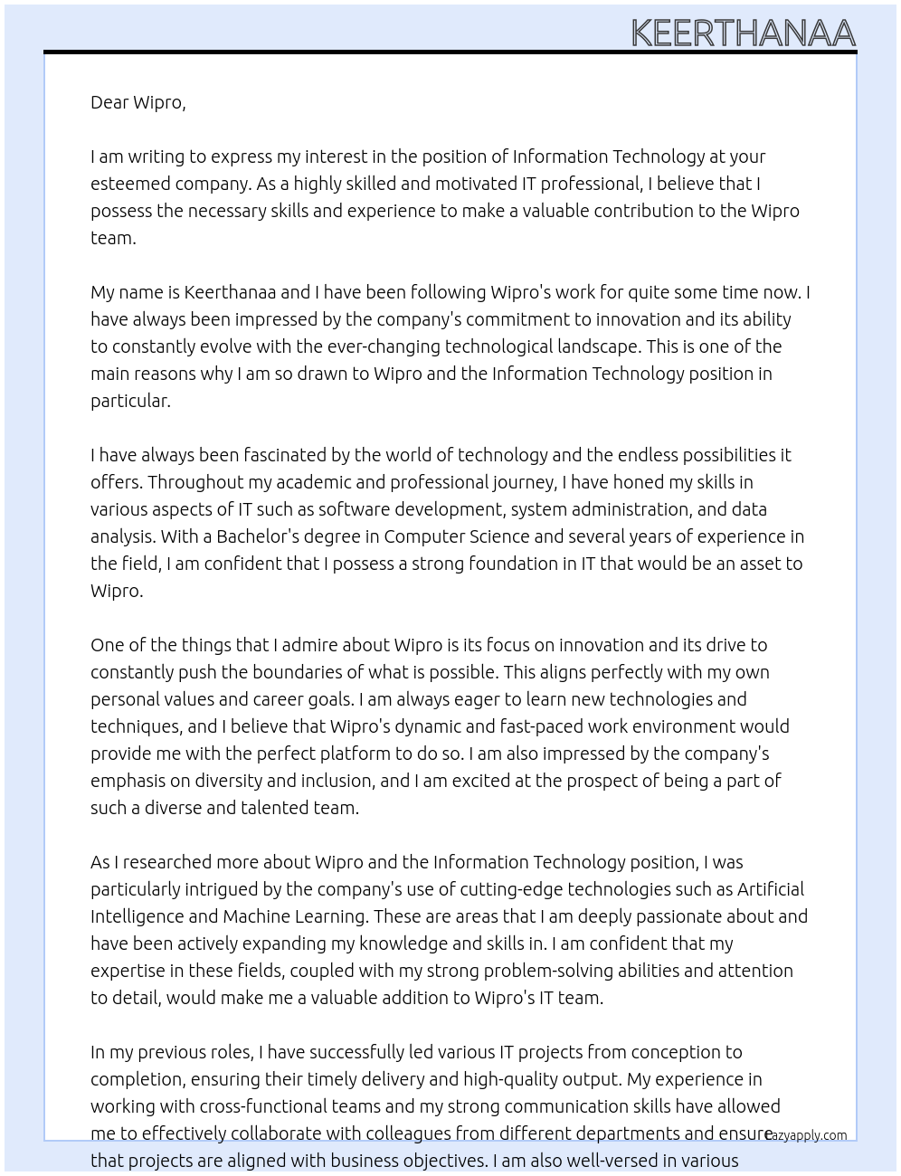 Information Technology At Wipro Cover Letter