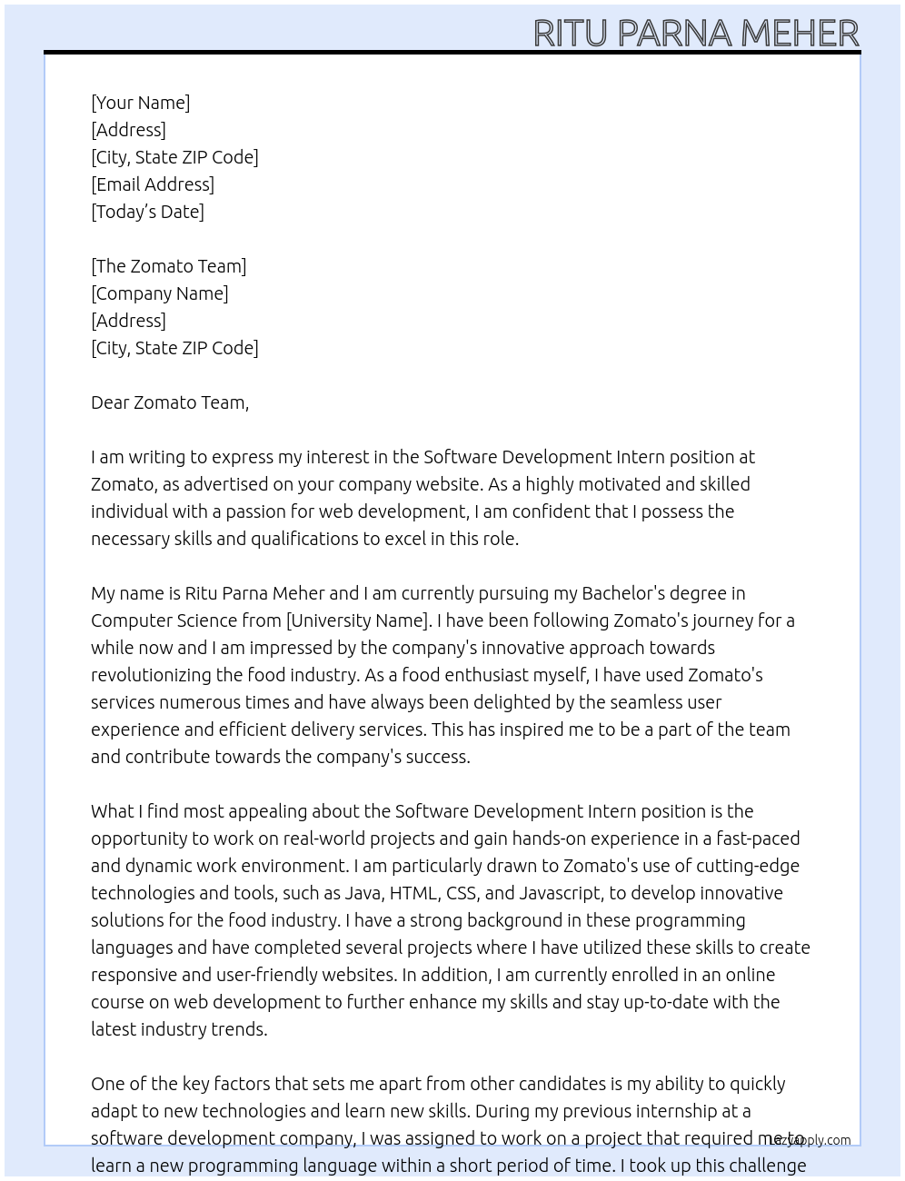 Software Development Intern At Zomato Cover Letter
