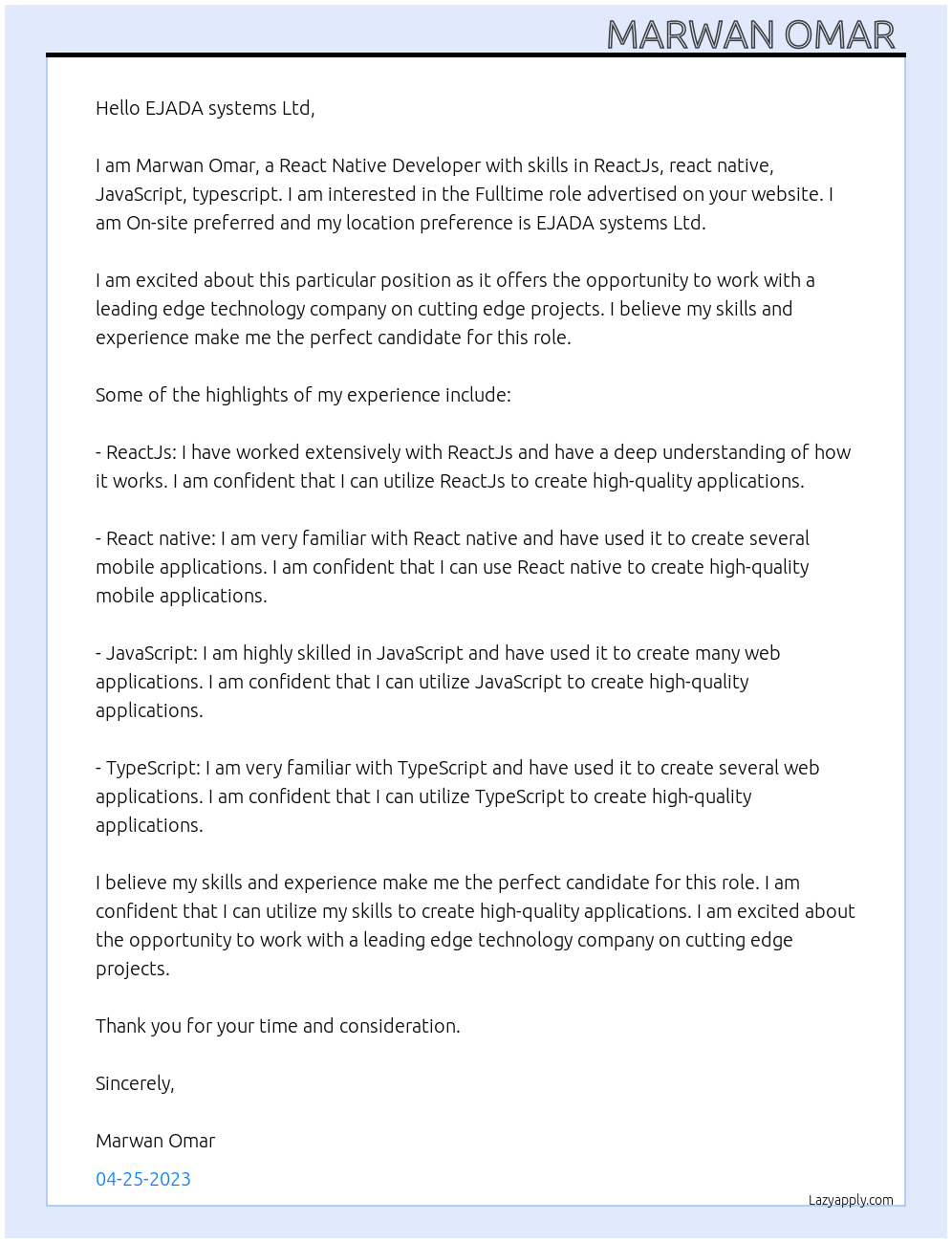 React Native Developer At EJADA systems Ltd Cover Letter