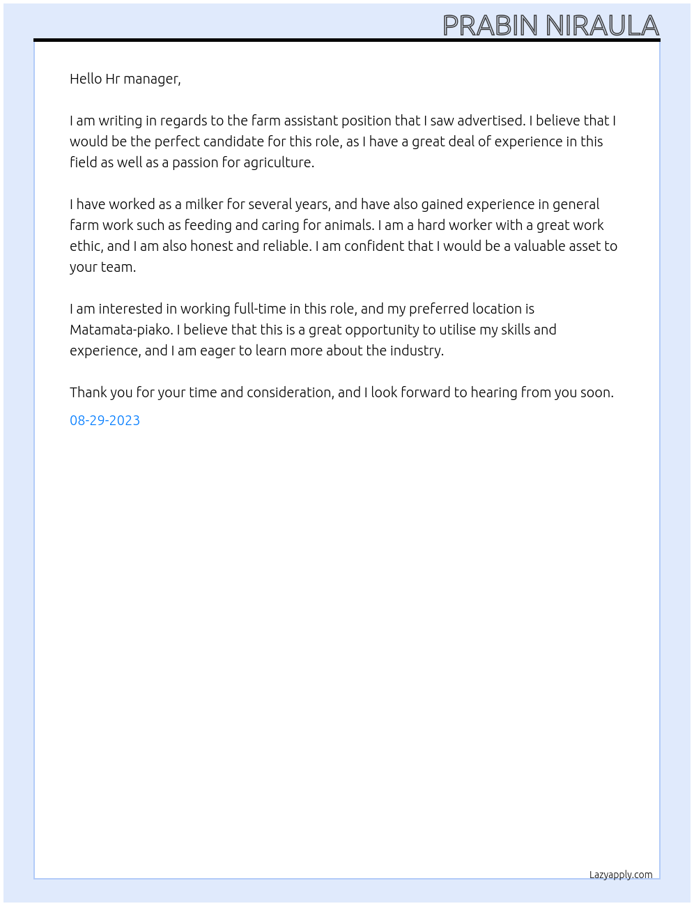 Farm assistant At No  Cover Letter