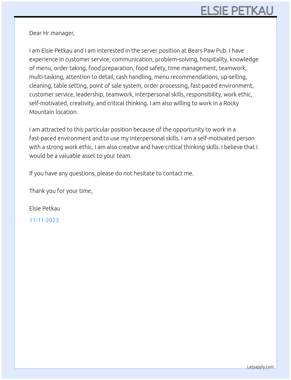 Server At Bears Paw Pub Cover Letter