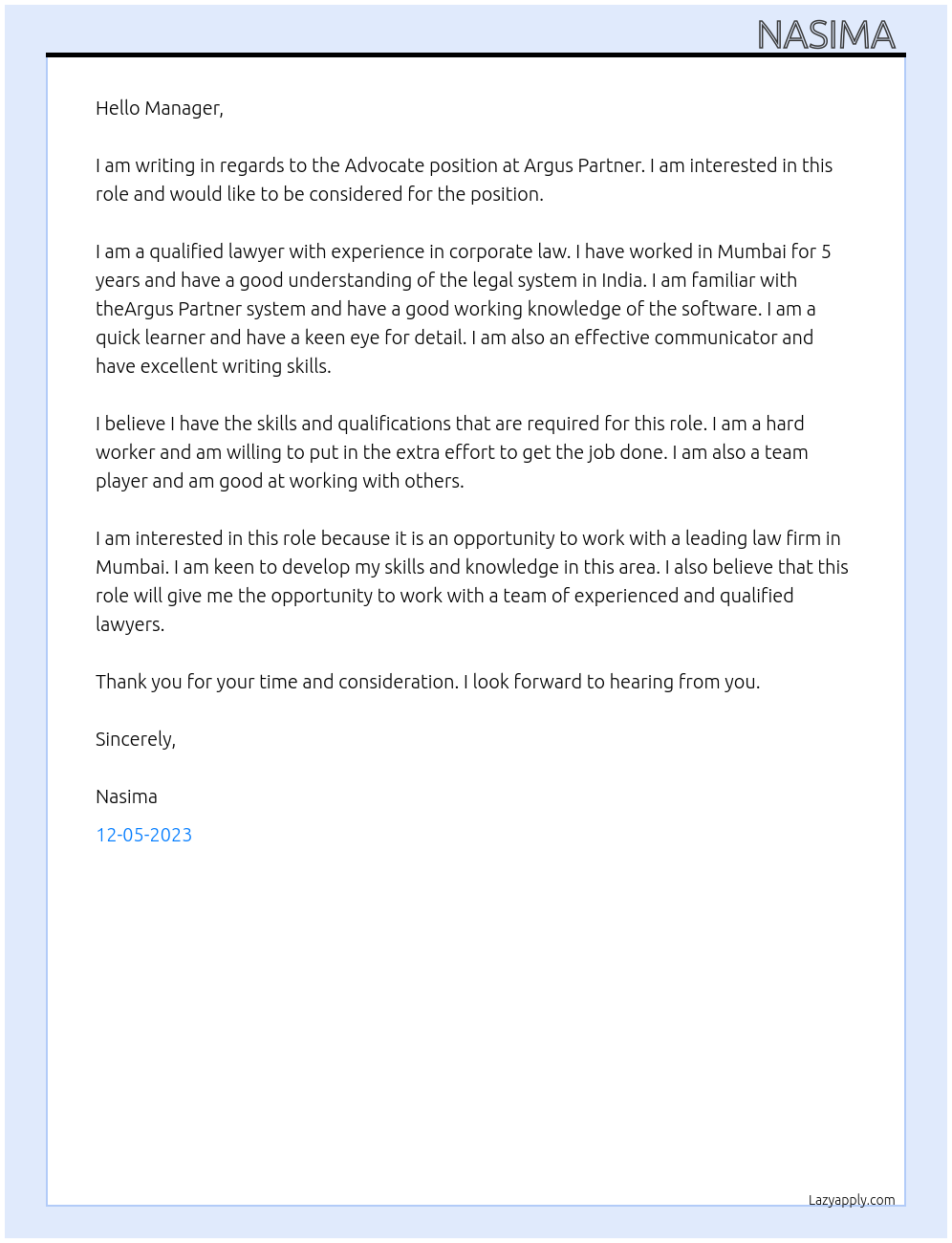 Advocate At Argus Partner Cover Letter