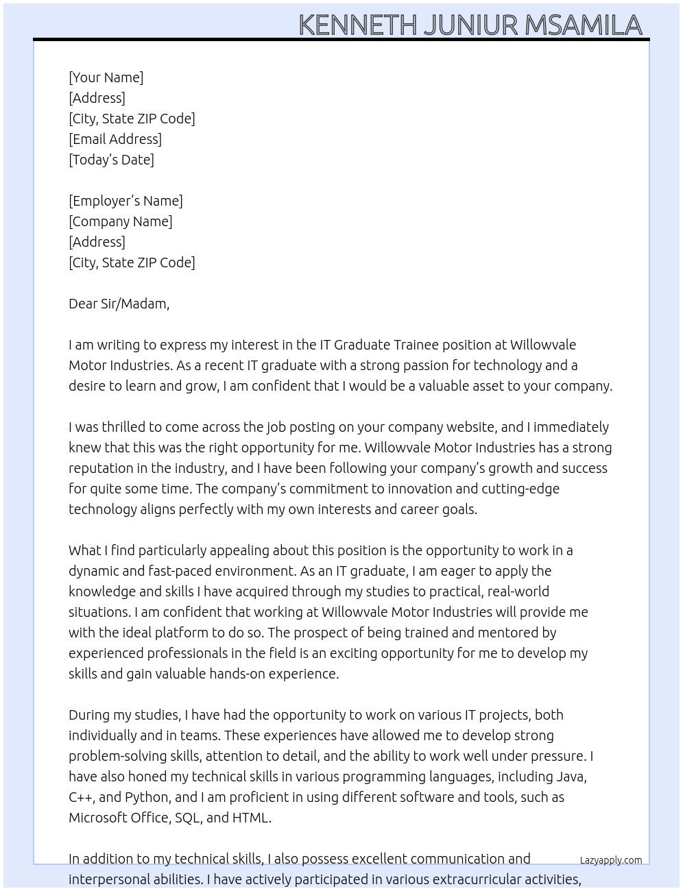 IT Graduate Trainee At Willowvale Motor Industries Cover Letter