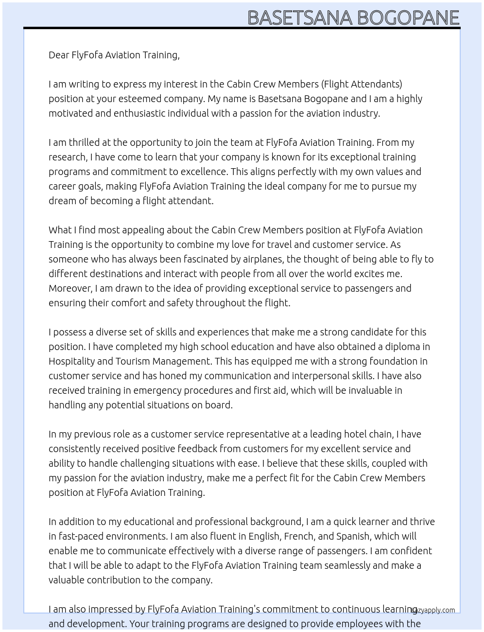 Cabin Crew Members (Flight Attendants) At FlyFofa Aviation Training Cover Letter