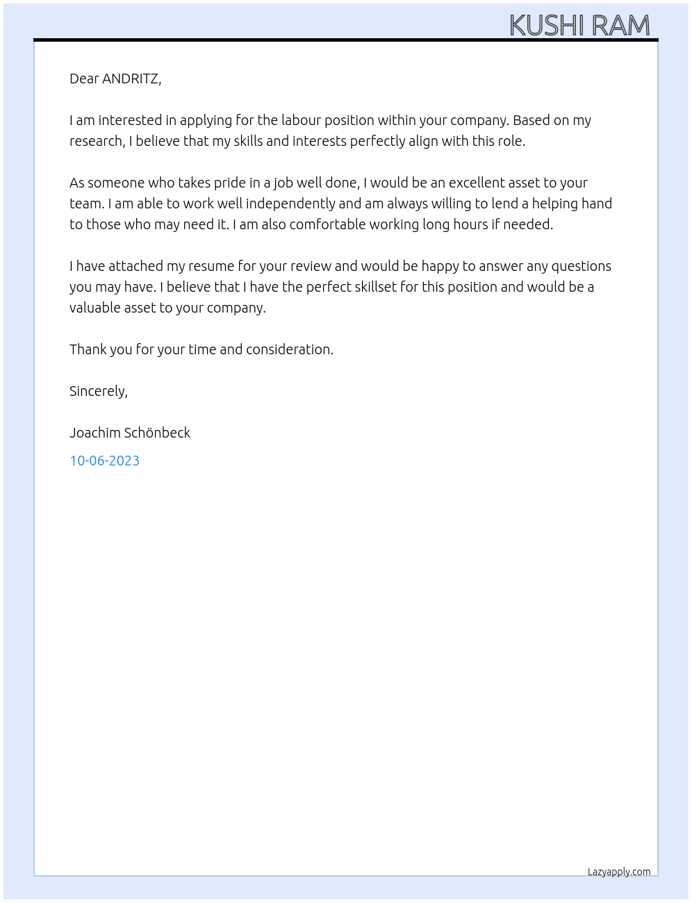 labour At ANDRITZ Cover Letter