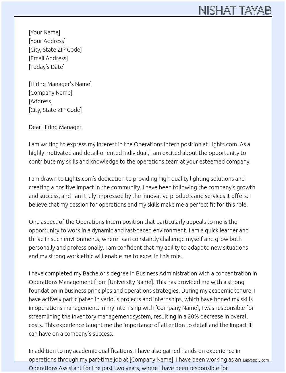 Operations Intern At Lights.com Cover Letter