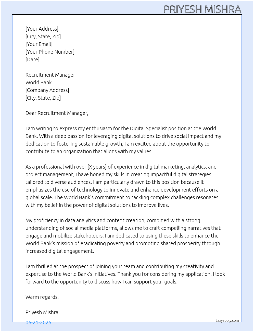 Digital Specialist At World Bank Cover Letter