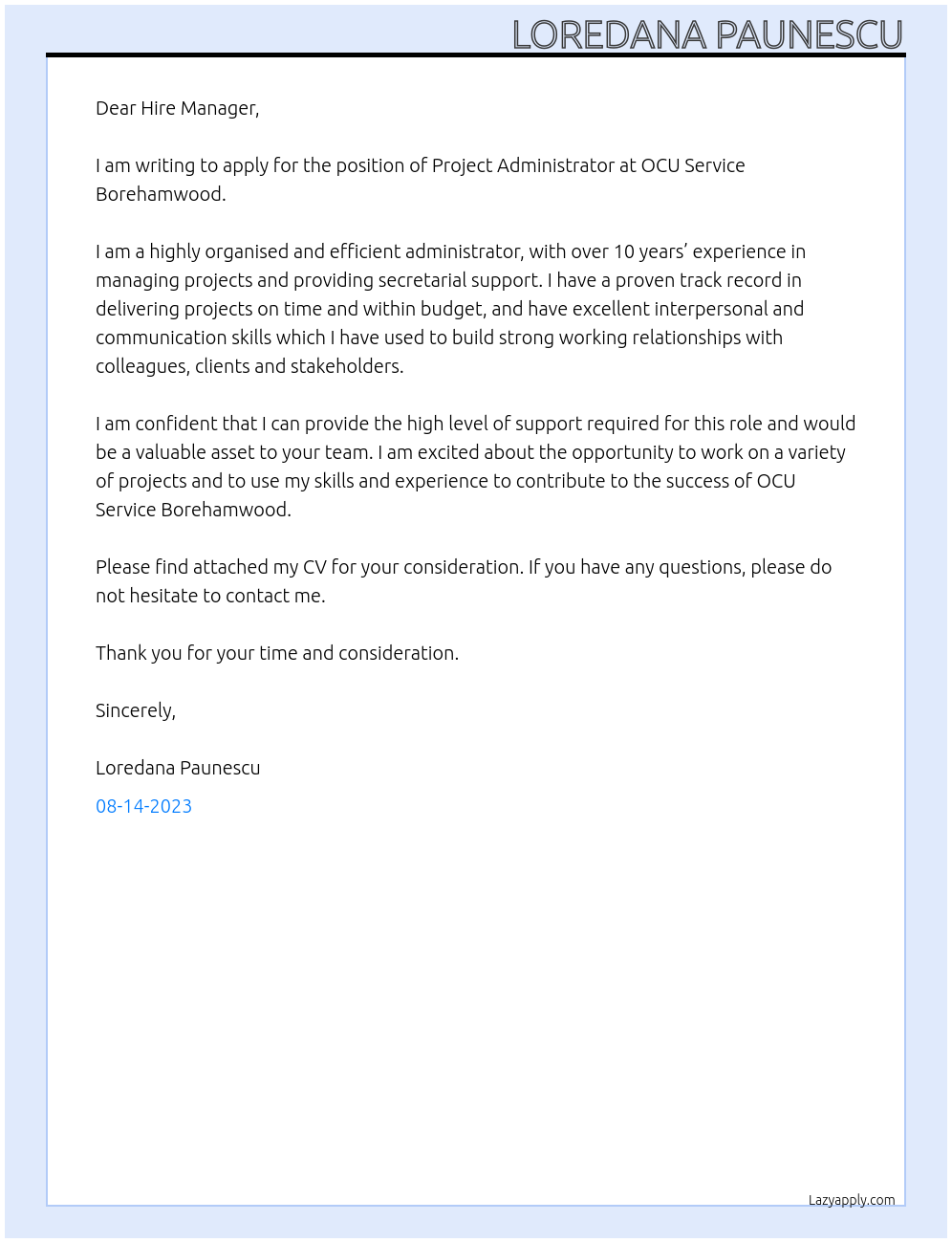 Project Administrator At OCU SERVICE BOREHAMWOOD Cover Letter