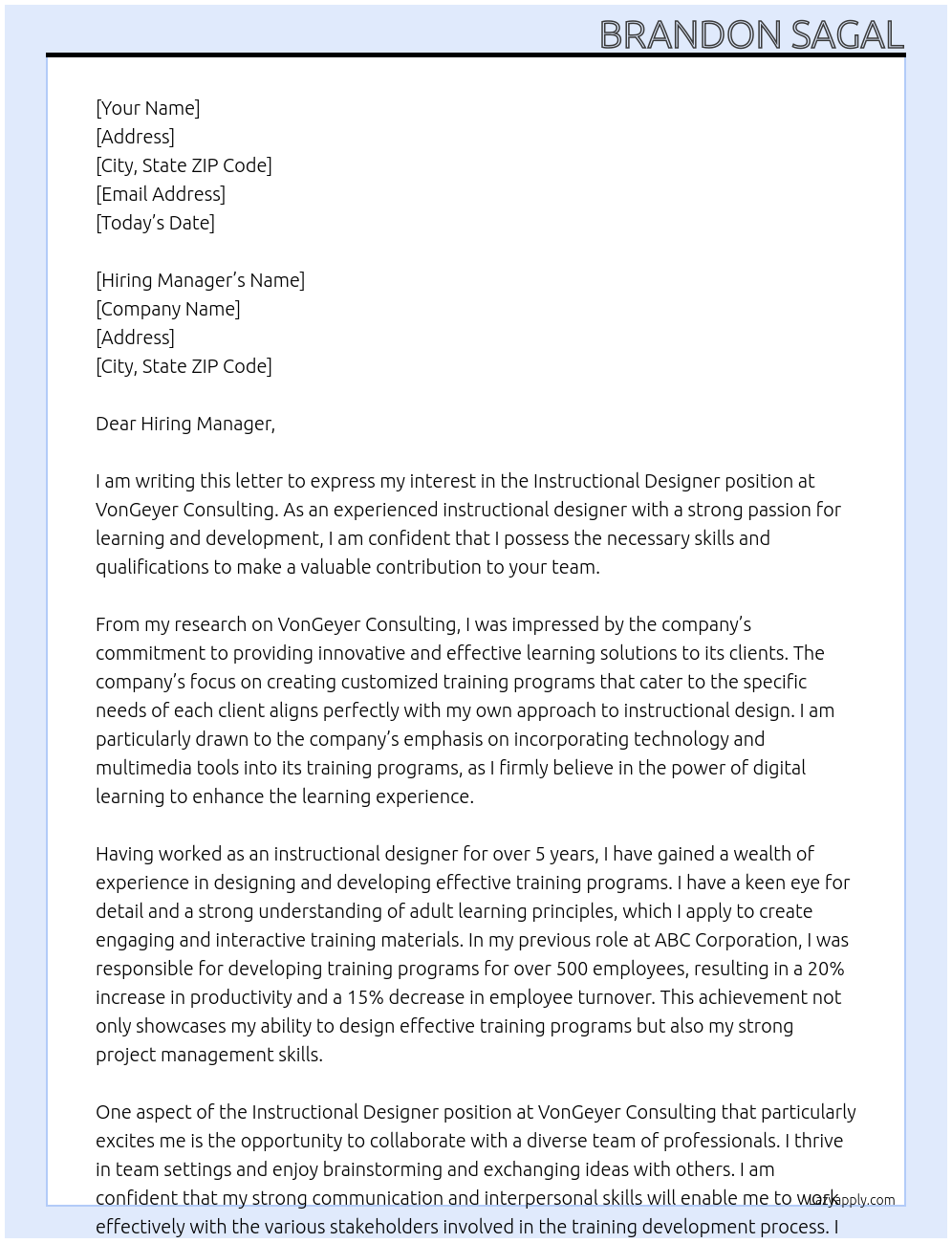 Instructional Designer At VonGeyer Consulting Cover Letter