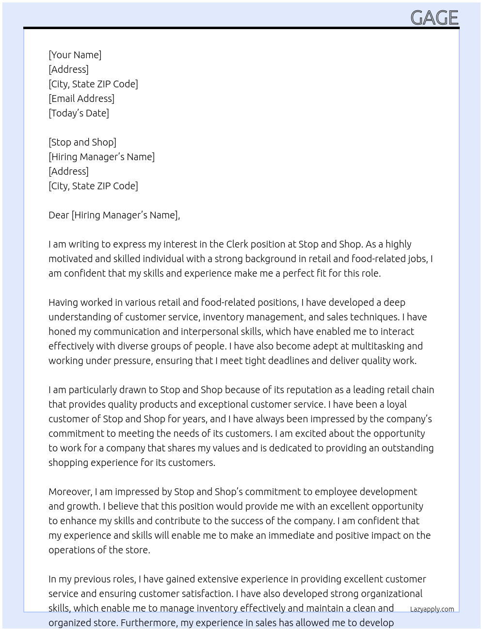 clerk At Stop and Shop Cover Letter