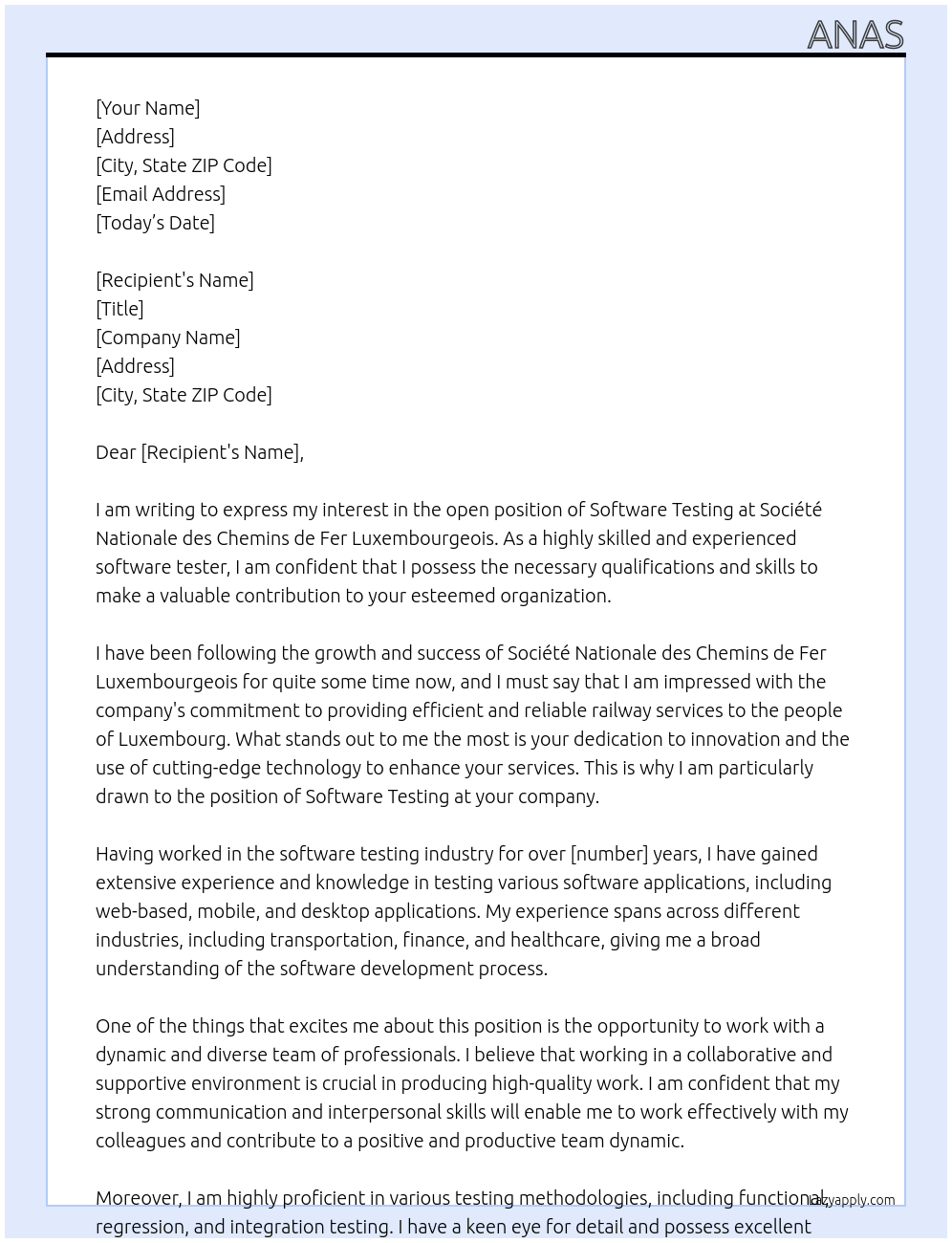 Software Testing At Société Nationale des Chemins de Fer Luxembourgeois Cover Letter