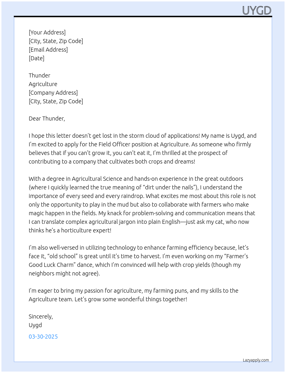 Field Officer At agriculture Cover Letter