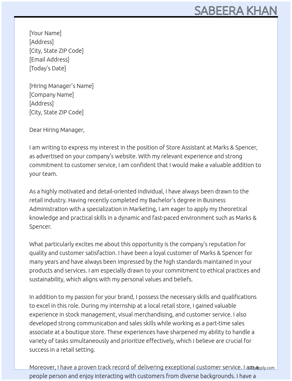 Store Assistant At Marks & Spencer Cover Letter