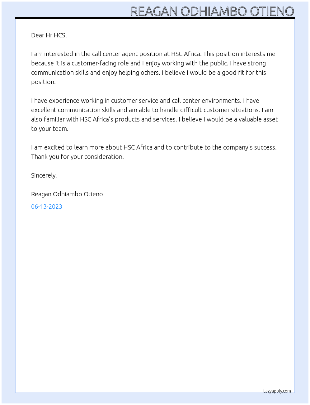 Call center agent At HSC Africa Cover Letter
