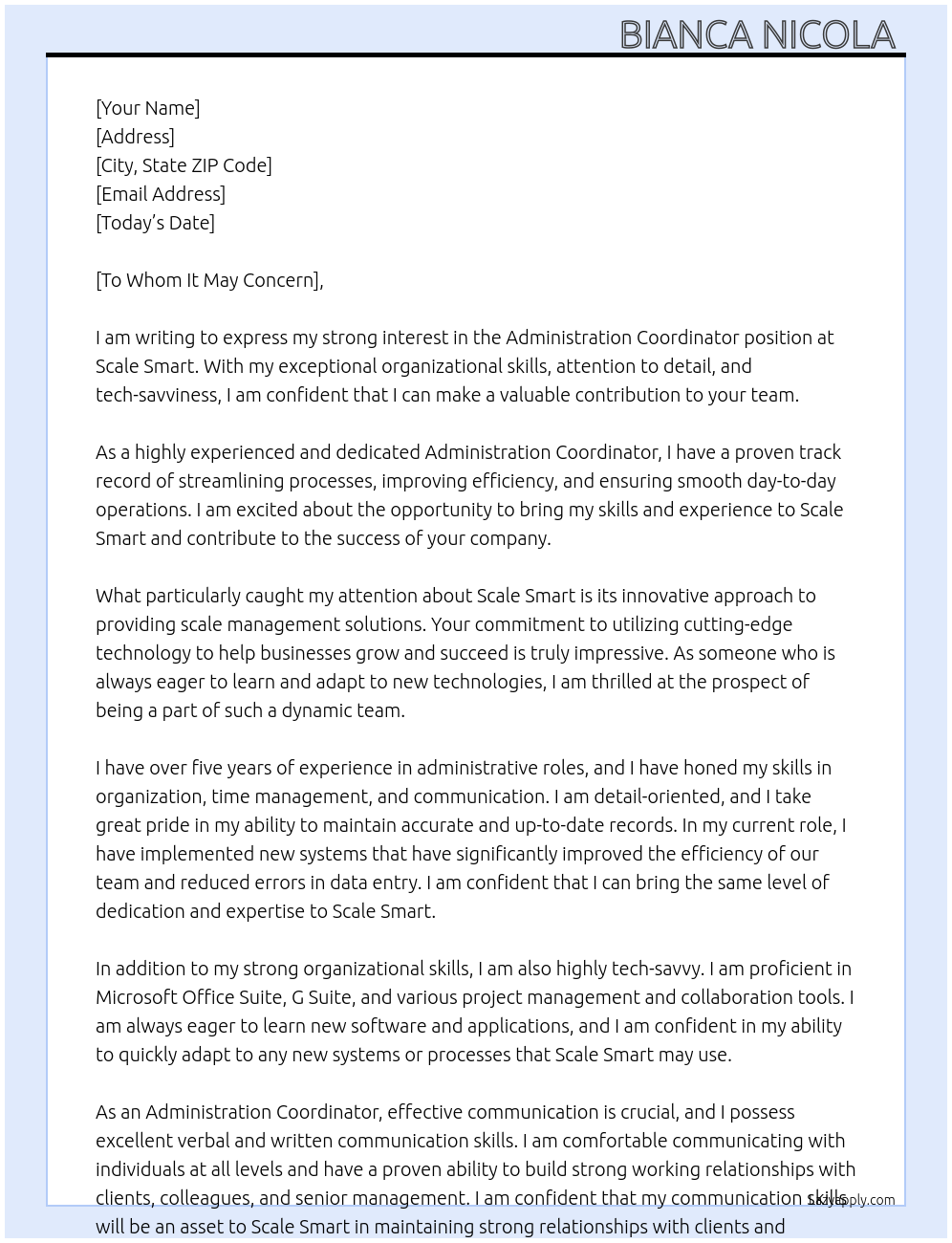 Administration coordinator At Scale smart Cover Letter
