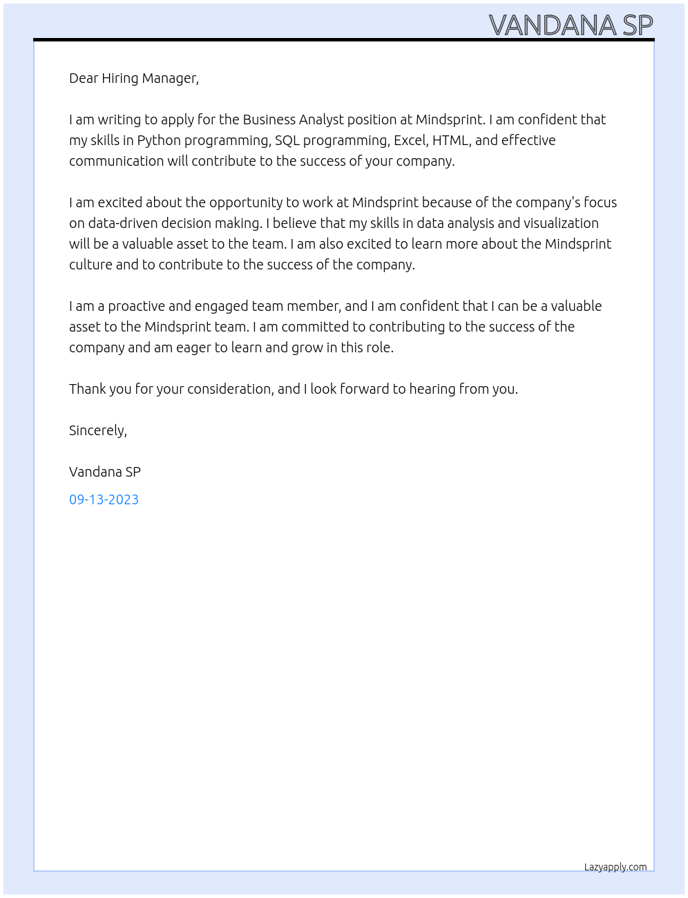 Business analysts At Mindsprint Cover Letter