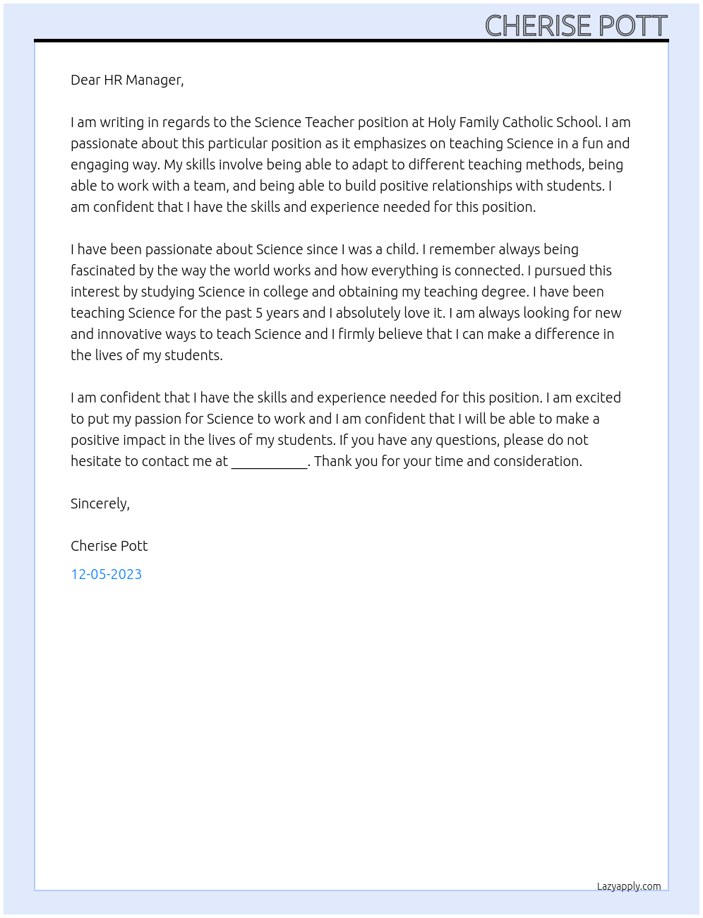 Science Teacher At Holy family catholic school  Cover Letter