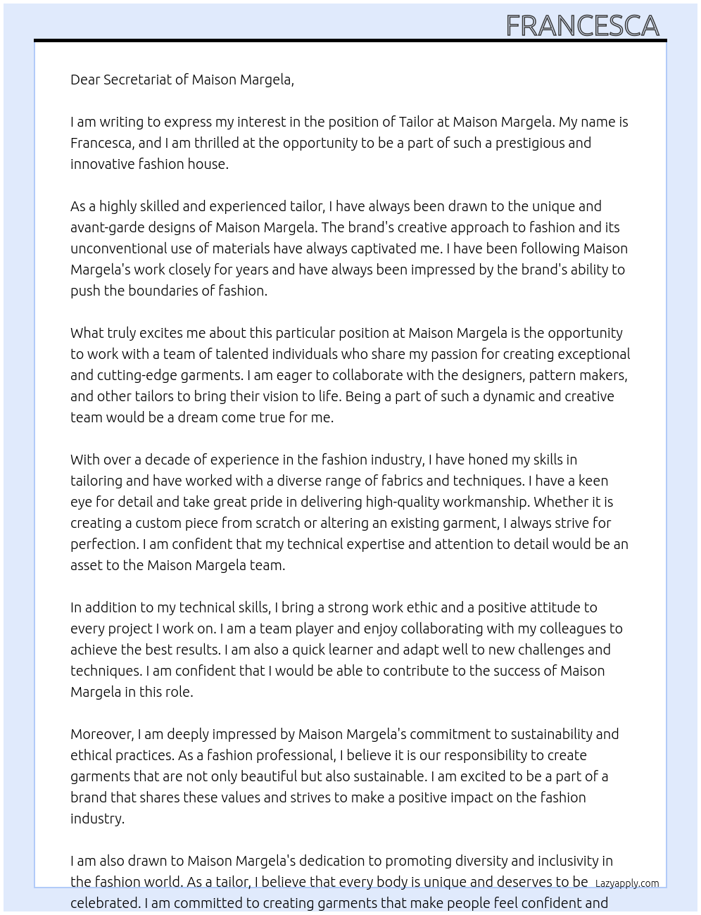 Tailor At Maison margela Cover Letter