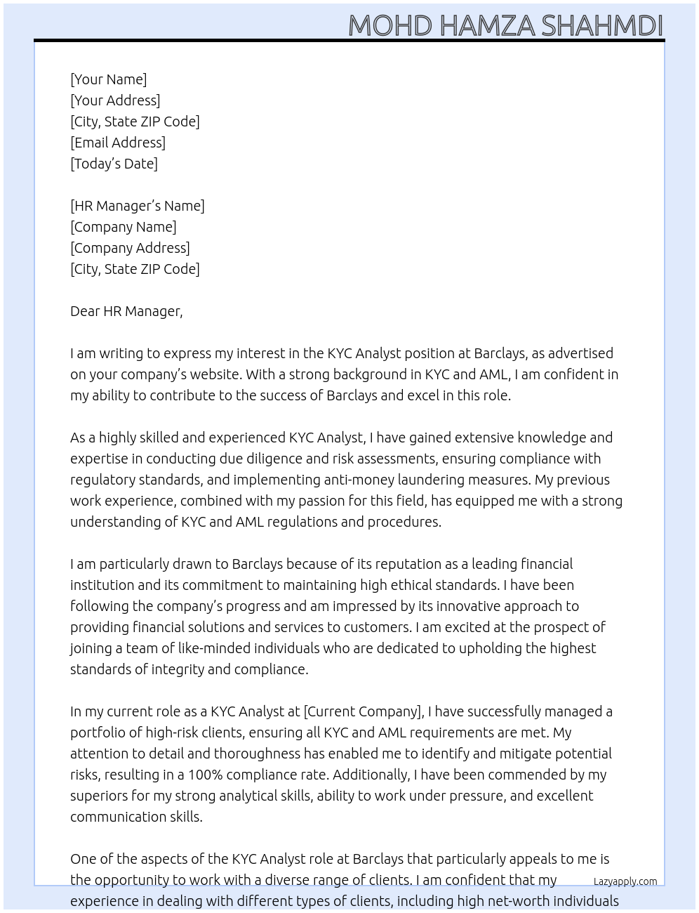 KYC Analyst  At Barclays Cover Letter