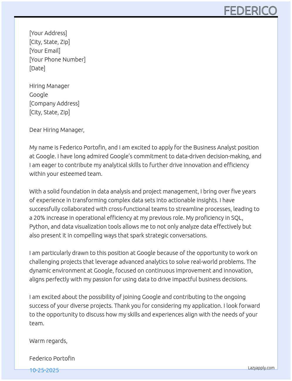 Business Analyst At Google Cover Letter