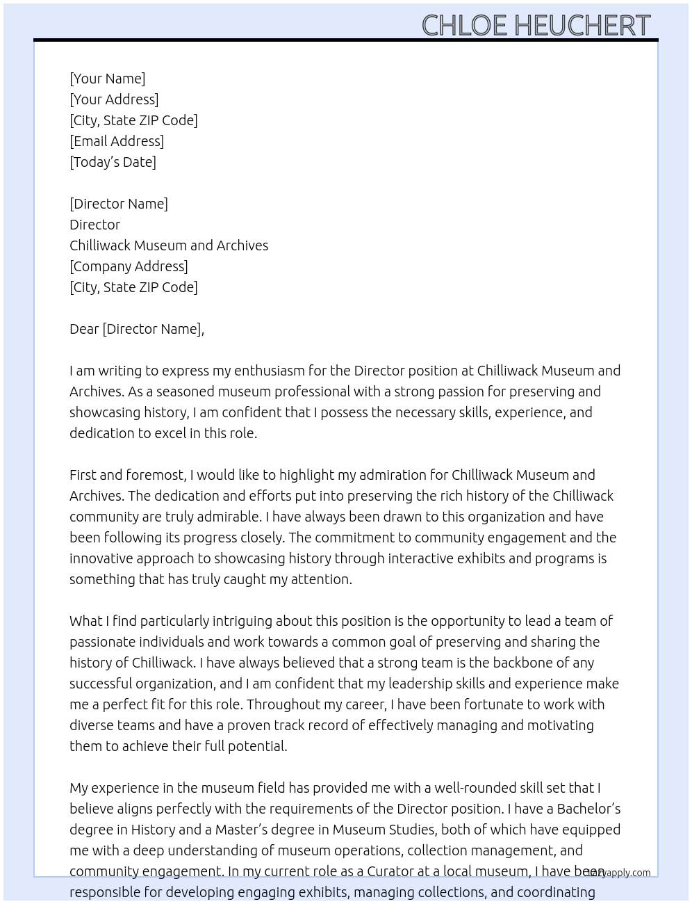 Director At Chilliwack Museum and Archives Cover Letter