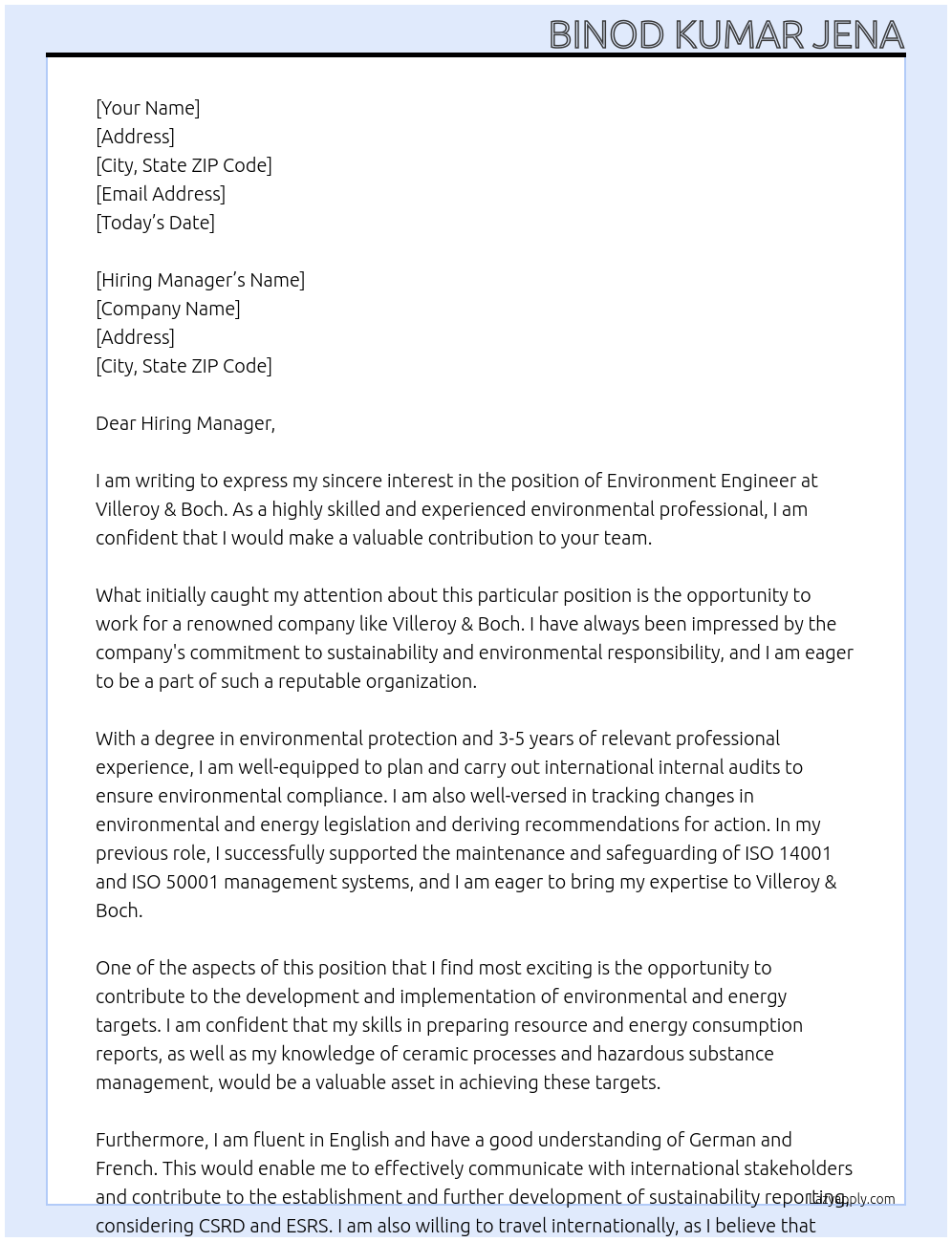 ENVIRONMENT ENGINEER At Villeroy & boch Cover Letter