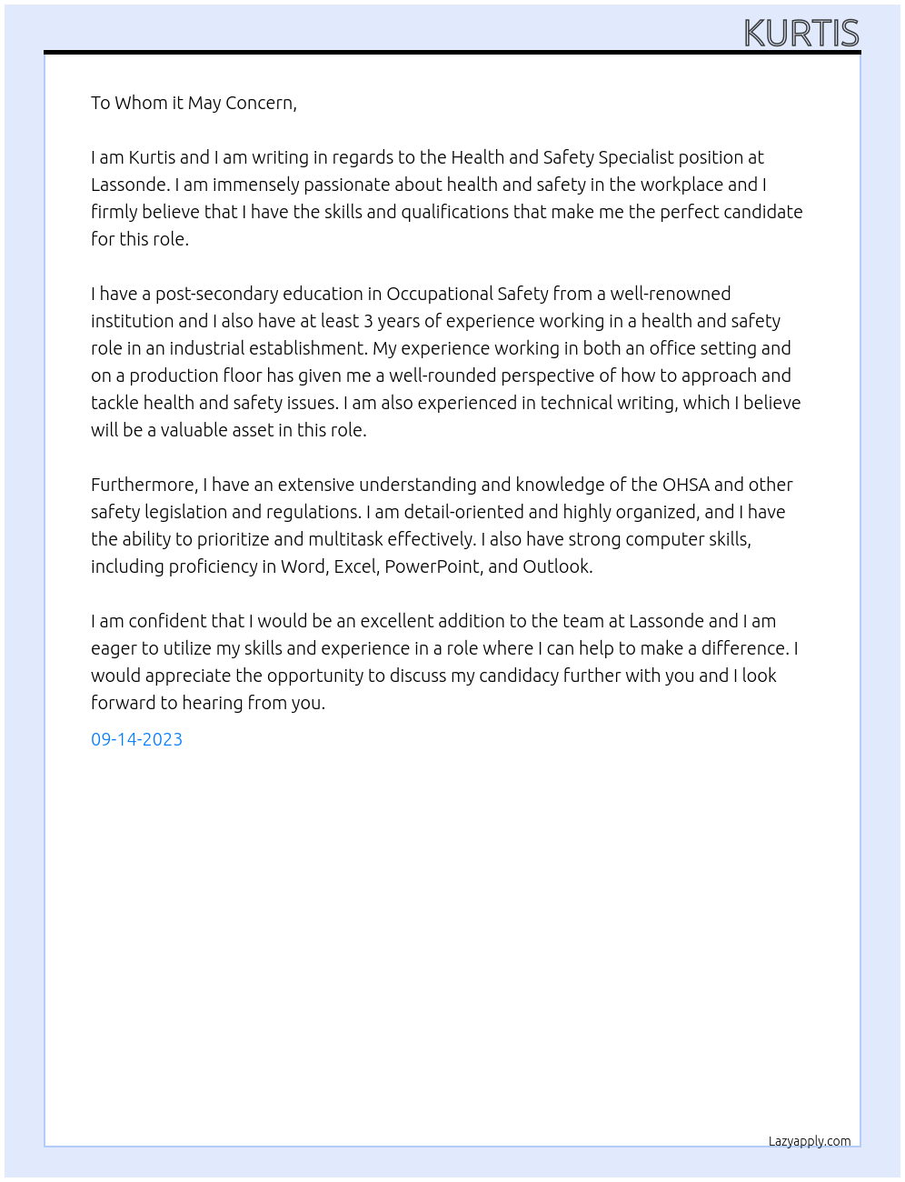 Health and Safety Specialist At Lassonde Cover Letter