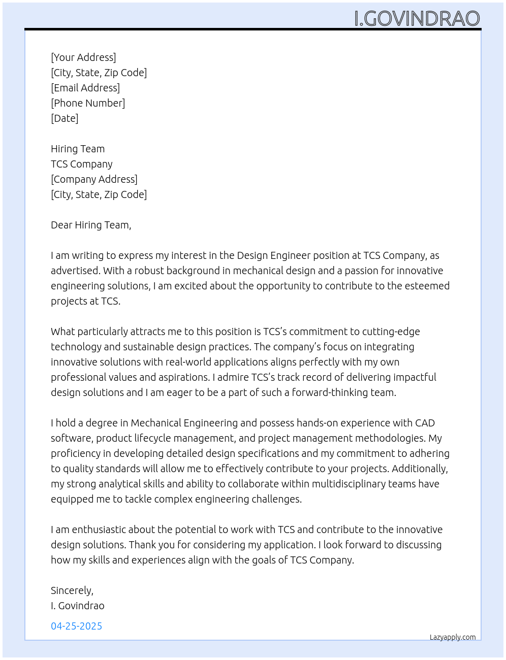 Design engineer At TCS company Cover Letter