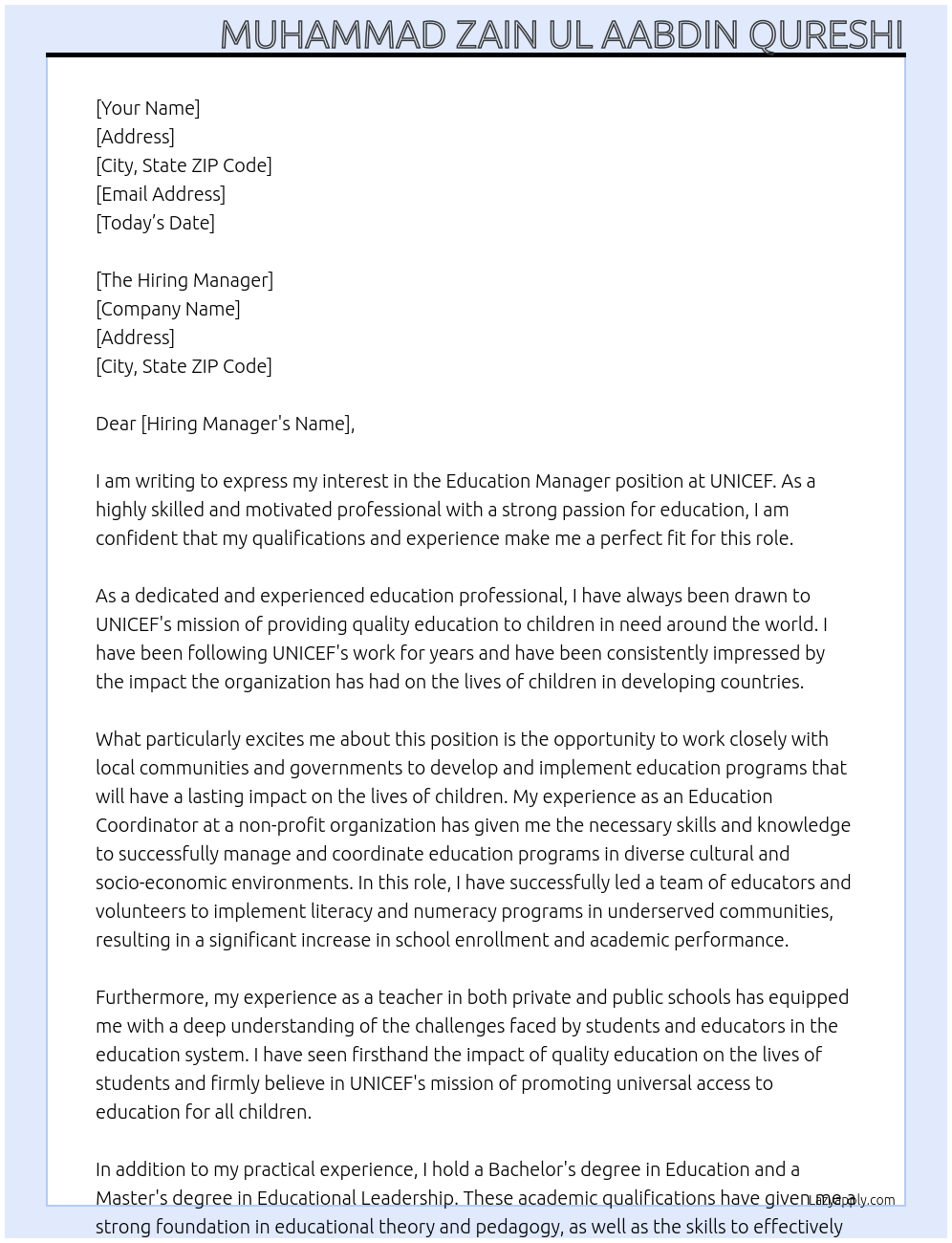 Education Manager At UNICEF Cover Letter