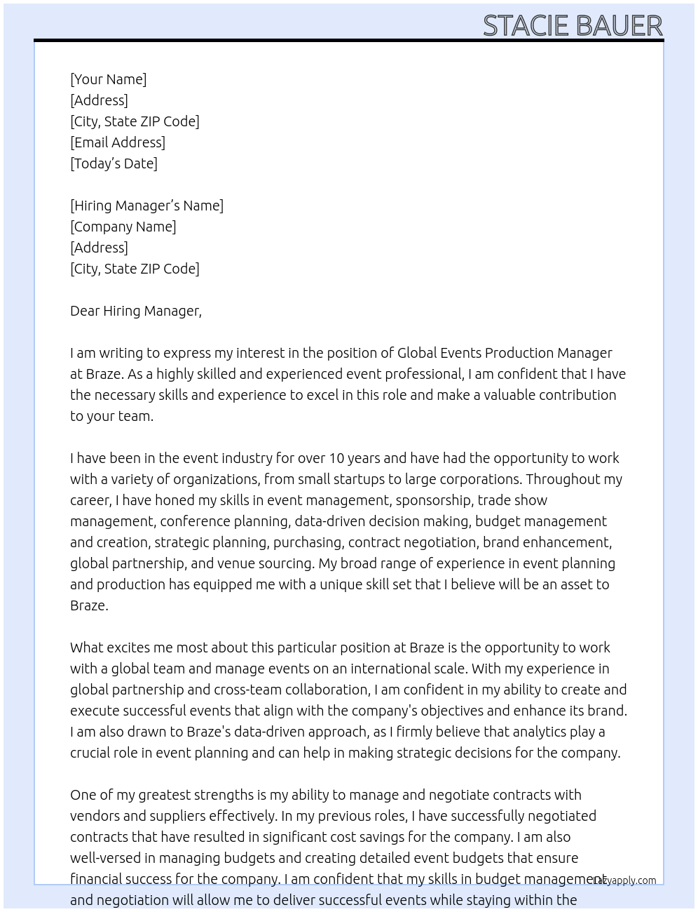 Global Events Production Manager At Braze Cover Letter