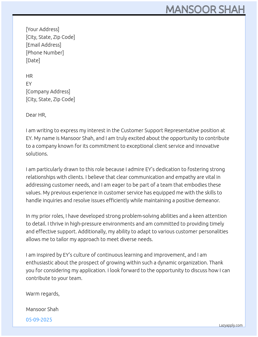 Customer Support Representative  At EY Cover Letter