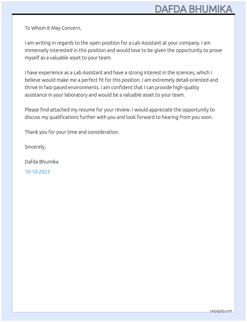 Lab assistant At Laboratory Cover Letter