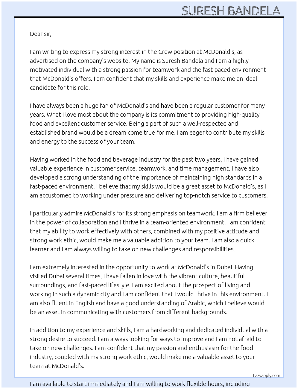 Crew At Mcdonald's Cover Letter