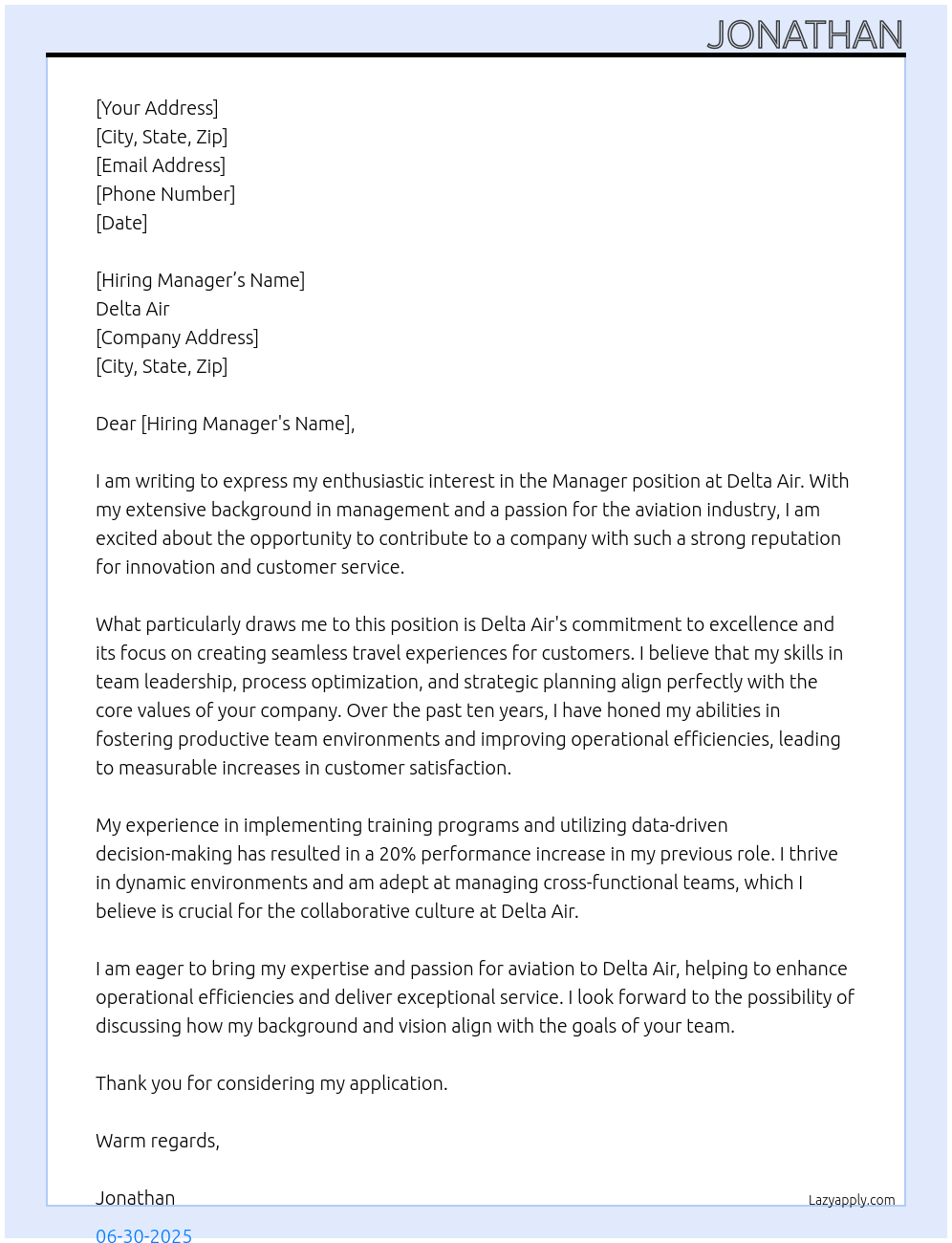 manager At delta air Cover Letter