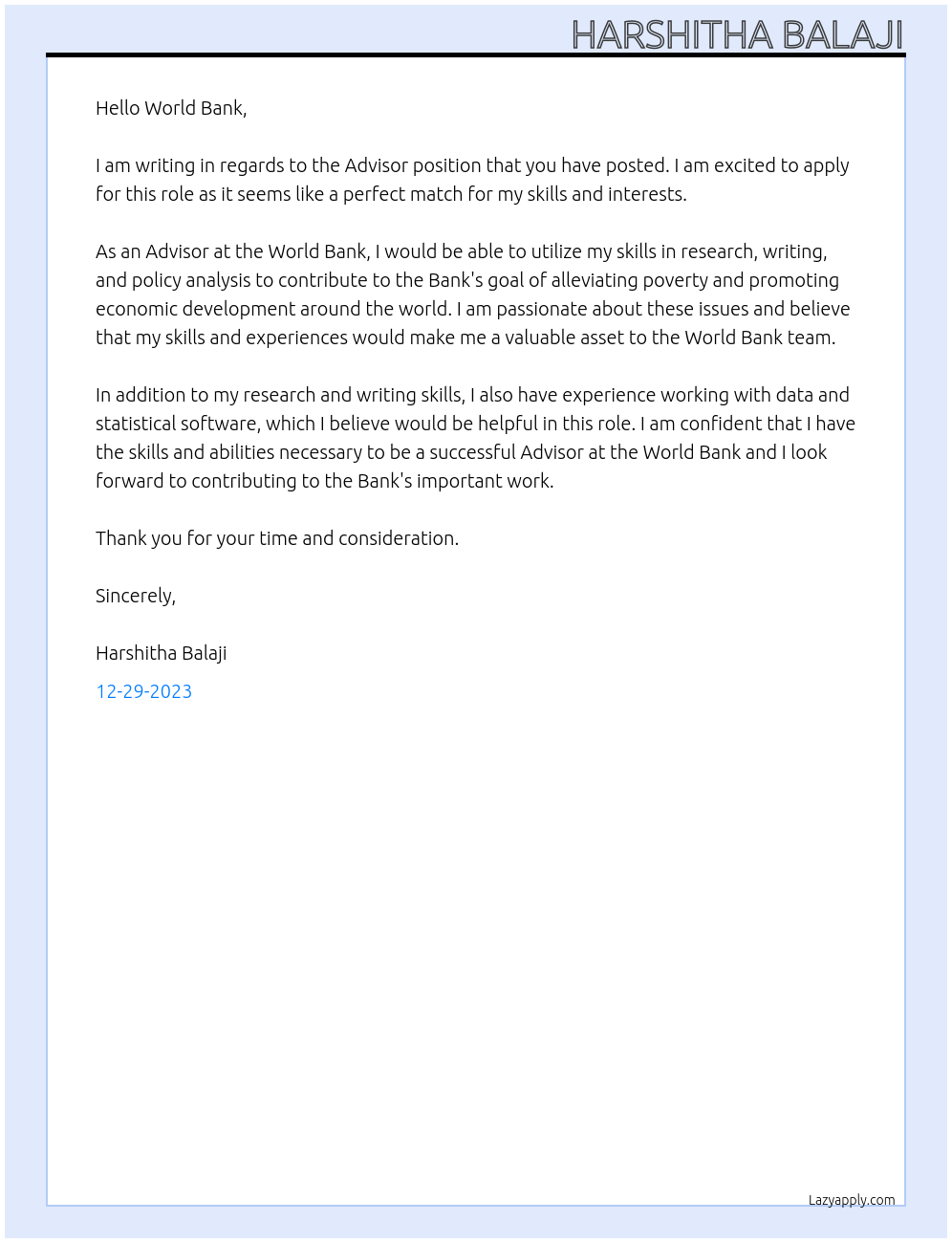 Advisor At World Bank Cover Letter