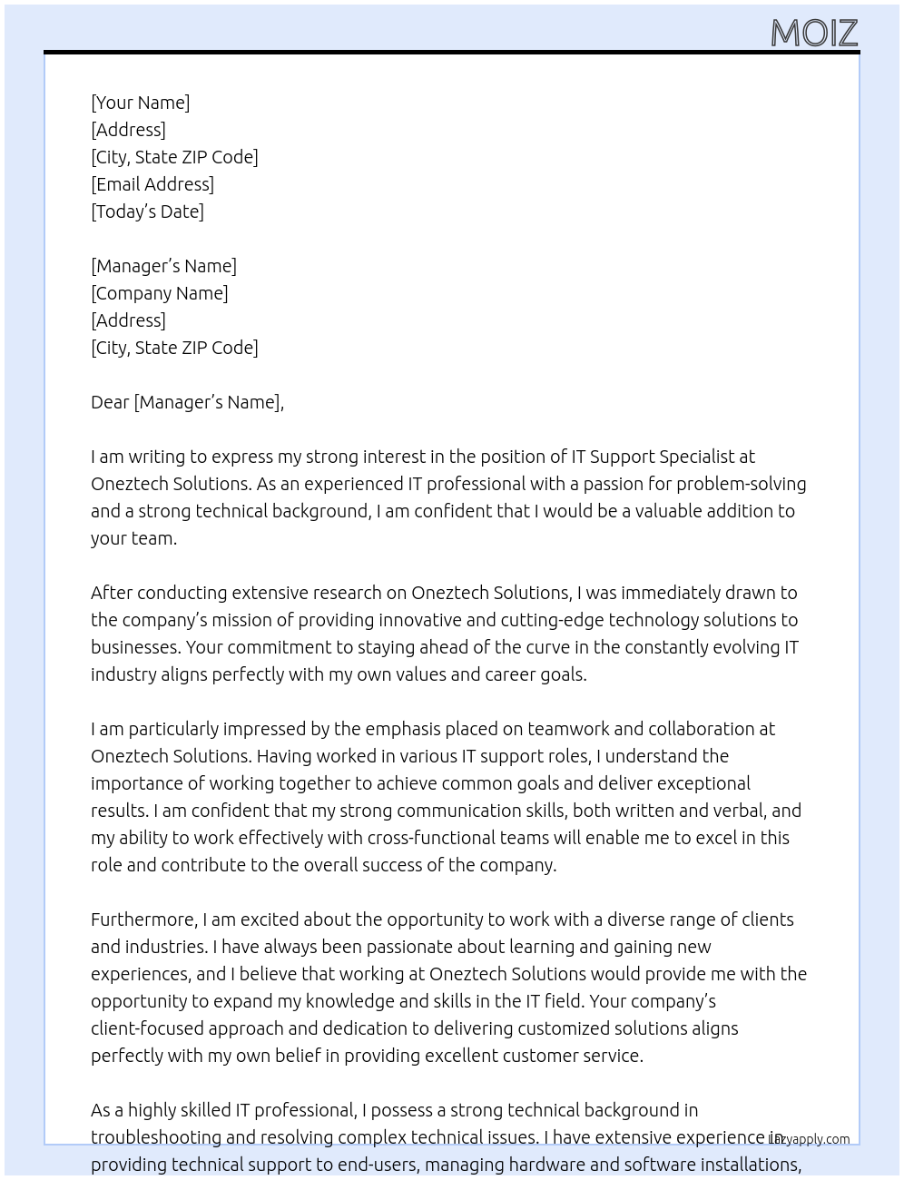 IT support specialist At Oneztech Solutions Cover Letter