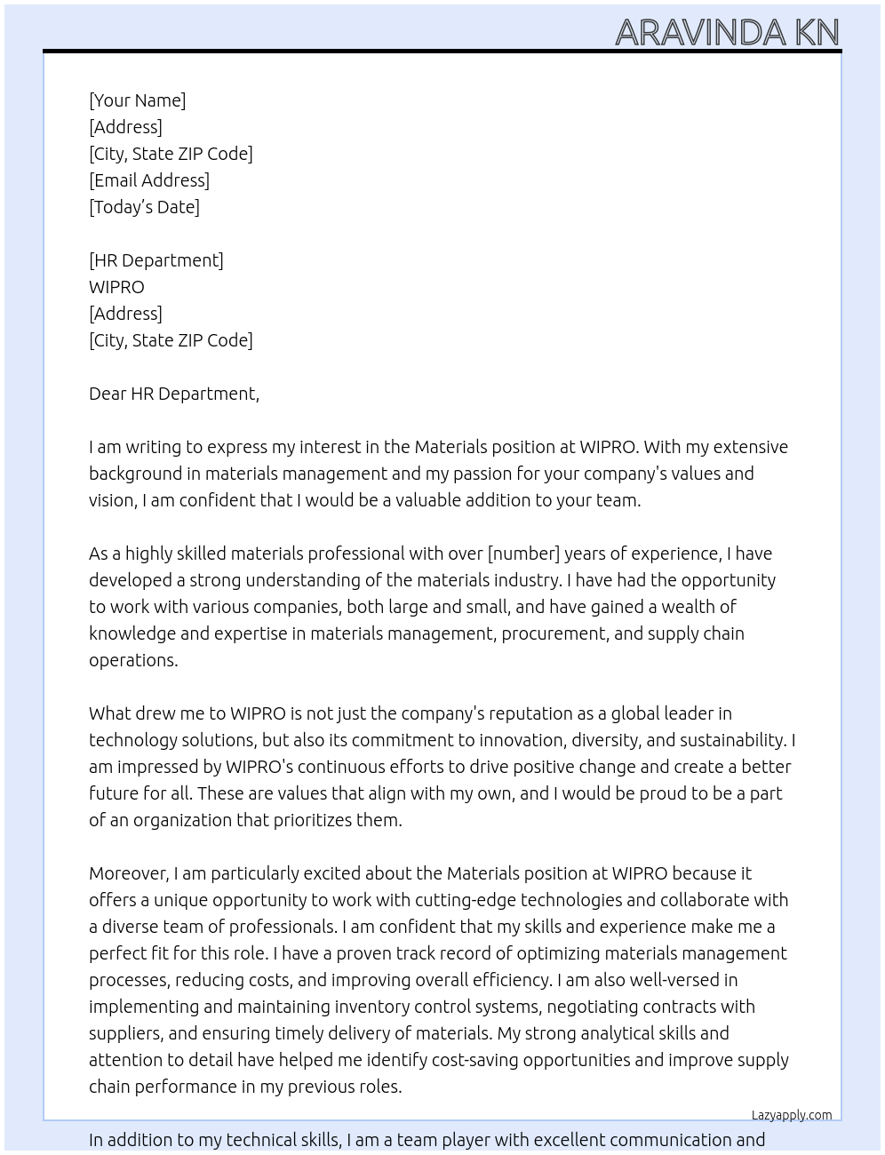 Materials At WIPRO Cover Letter