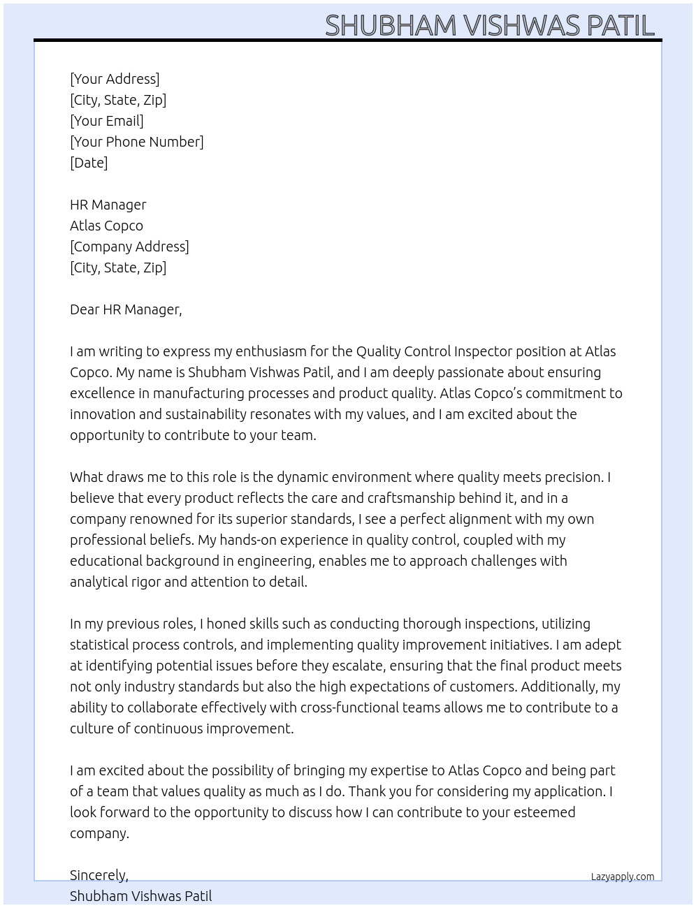 Cover letter for quality control inspector - LazyApply