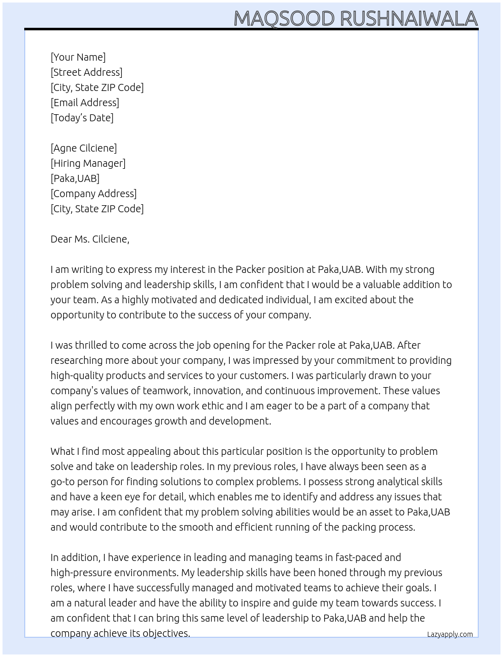 Packer At Paka,UAB Cover Letter