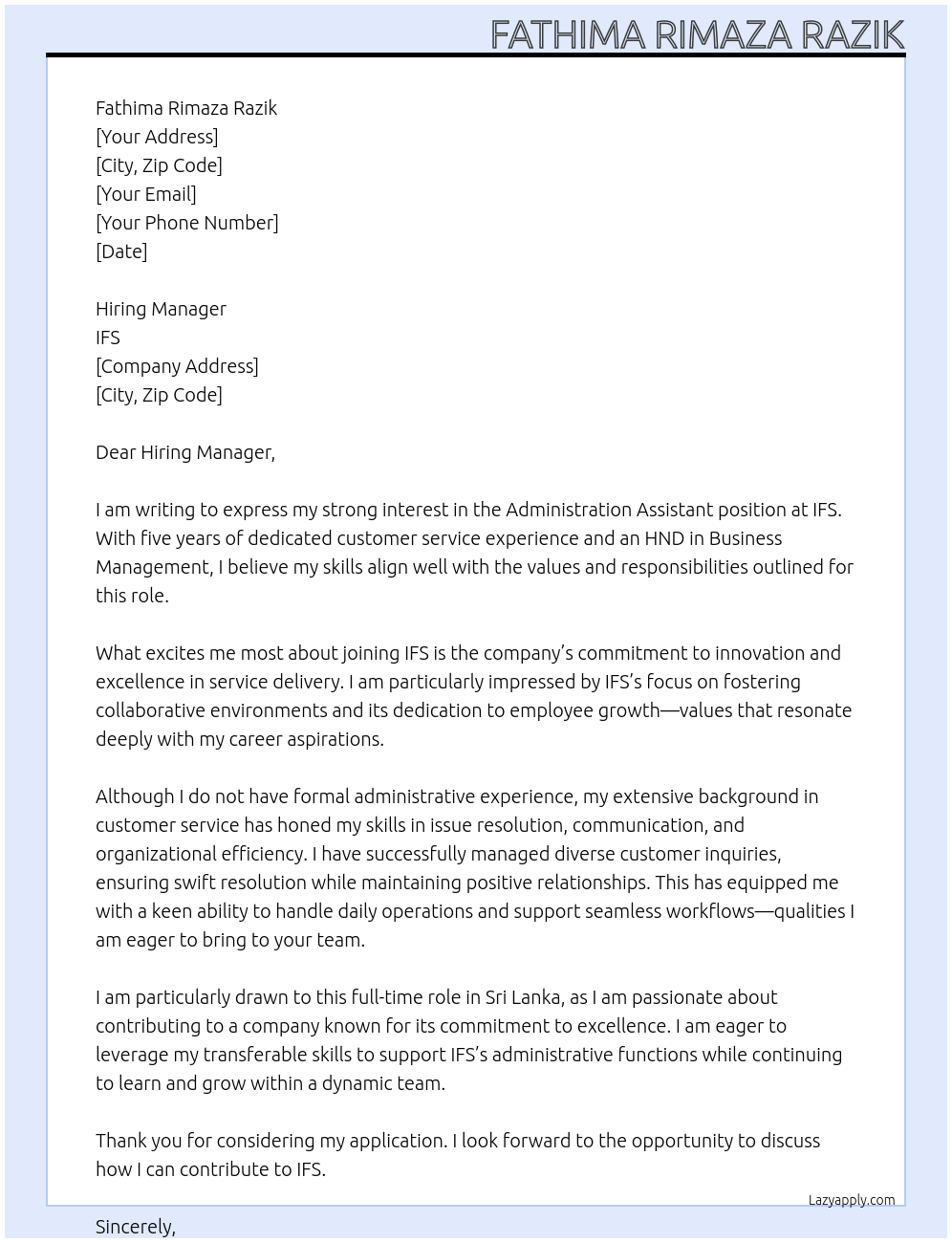 Administration Assistant At IFS Cover Letter