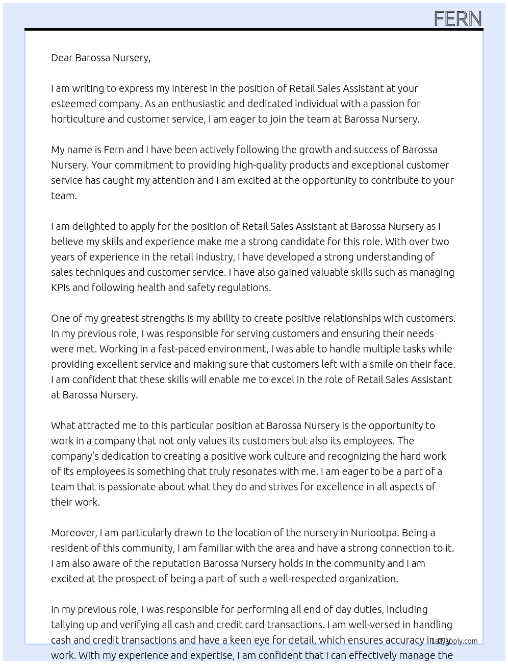 Retail Sales Assistant At Barossa Nursery Cover Letter