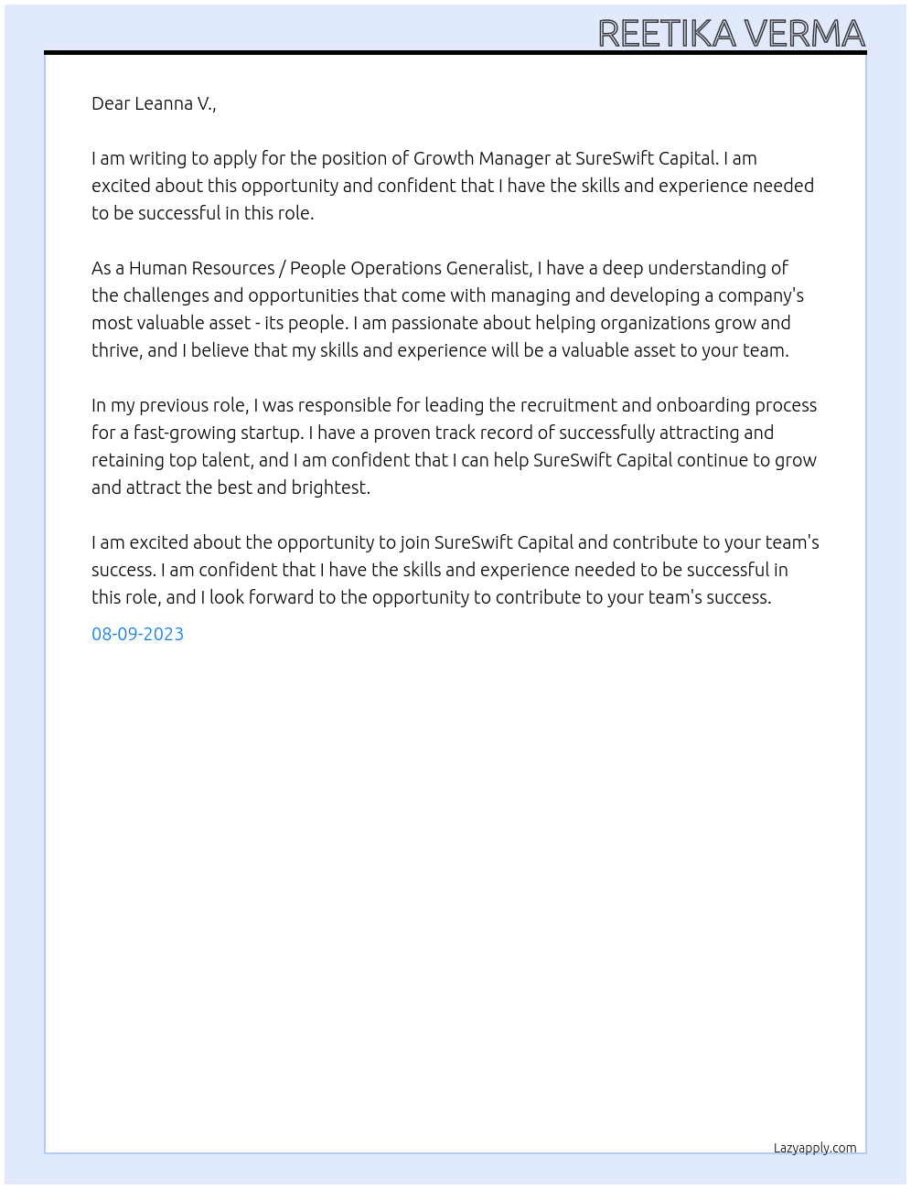 Growth Manager At SureSwift Capital Cover Letter