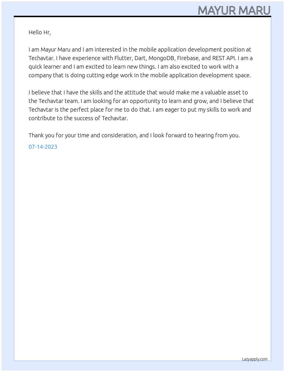 Mobile application development  At Techavtar Cover Letter
